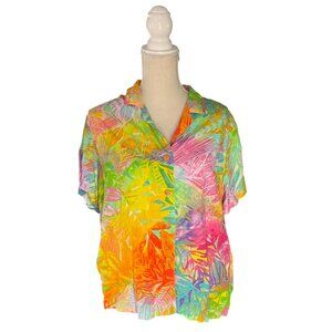 Jams World womens Aloha Top Summer Spash print L large short sleeve button shirt